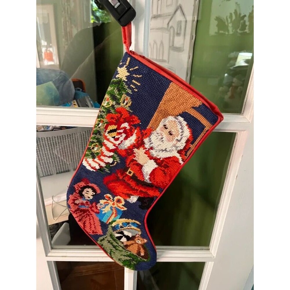 Vintage Handmade Cross Stitch Needlepoint Christmas Stocking
